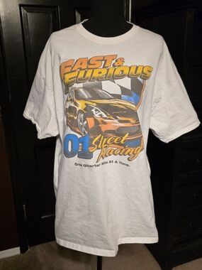 Universal White Tee with Gray Fast & Furious Tag Print
